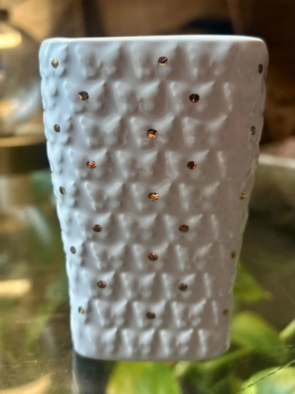 NEW White Textured Ceramic 4-Piece Bathroom Accessory Set with Gold Dot Accents